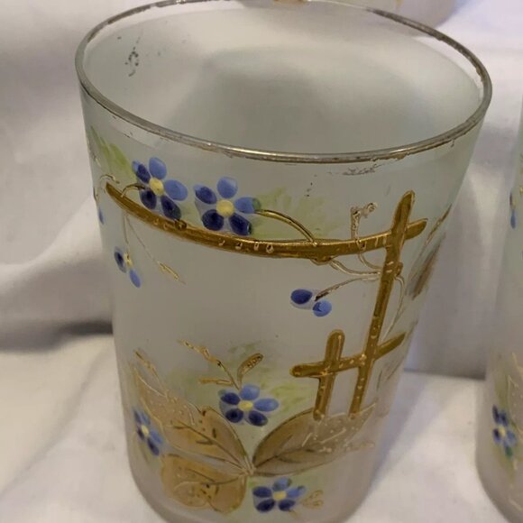Frosted Glass Painted Juice Glasses with Flowers on a Trellis Vintage Set of 6 - Picture 5 of 12